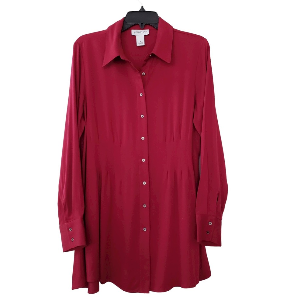 Peck & Peck Long Sleeve Button Down Tunic Top, Burgundy/Maroon, Sz M